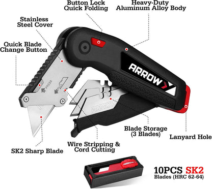 ARROW Utility Knife, Speed Release Folding Knife with 13 Blades