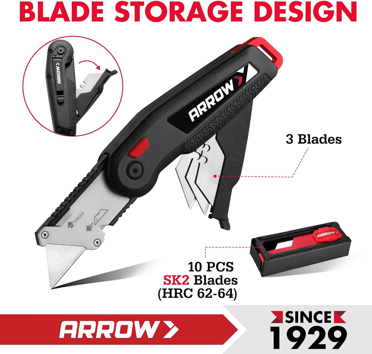 ARROW Utility Knife, Speed Release Folding Knife with 13 Blades