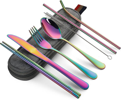 Camping Utensils, Full-Size Travel Silverware Set with Case for Work | 8Pcs Stainless Steel Travel Cutlery Set, Portable Metal Straws Chopsticks Fork Spoon Knife Set for Lunch Box/School, Rainbow