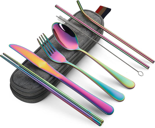Camping Utensils, Full-Size Travel Silverware Set with Case for Work | 8Pcs Stainless Steel Travel Cutlery Set, Portable Metal Straws Chopsticks Fork Spoon Knife Set for Lunch Box/School, Rainbow