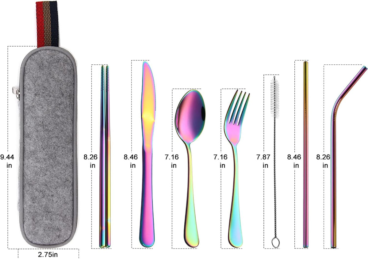 Camping Utensils, Full-Size Travel Silverware Set with Case for Work | 8Pcs Stainless Steel Travel Cutlery Set, Portable Metal Straws Chopsticks Fork Spoon Knife Set for Lunch Box/School, Rainbow