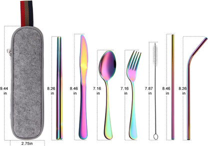 Camping Utensils, Full-Size Travel Silverware Set with Case for Work | 8Pcs Stainless Steel Travel Cutlery Set, Portable Metal Straws Chopsticks Fork Spoon Knife Set for Lunch Box/School, Rainbow