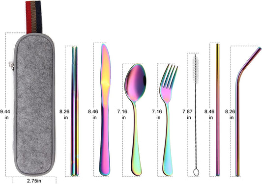 Camping Utensils, Full-Size Travel Silverware Set with Case for Work | 8Pcs Stainless Steel Travel Cutlery Set, Portable Metal Straws Chopsticks Fork Spoon Knife Set for Lunch Box/School, Rainbow