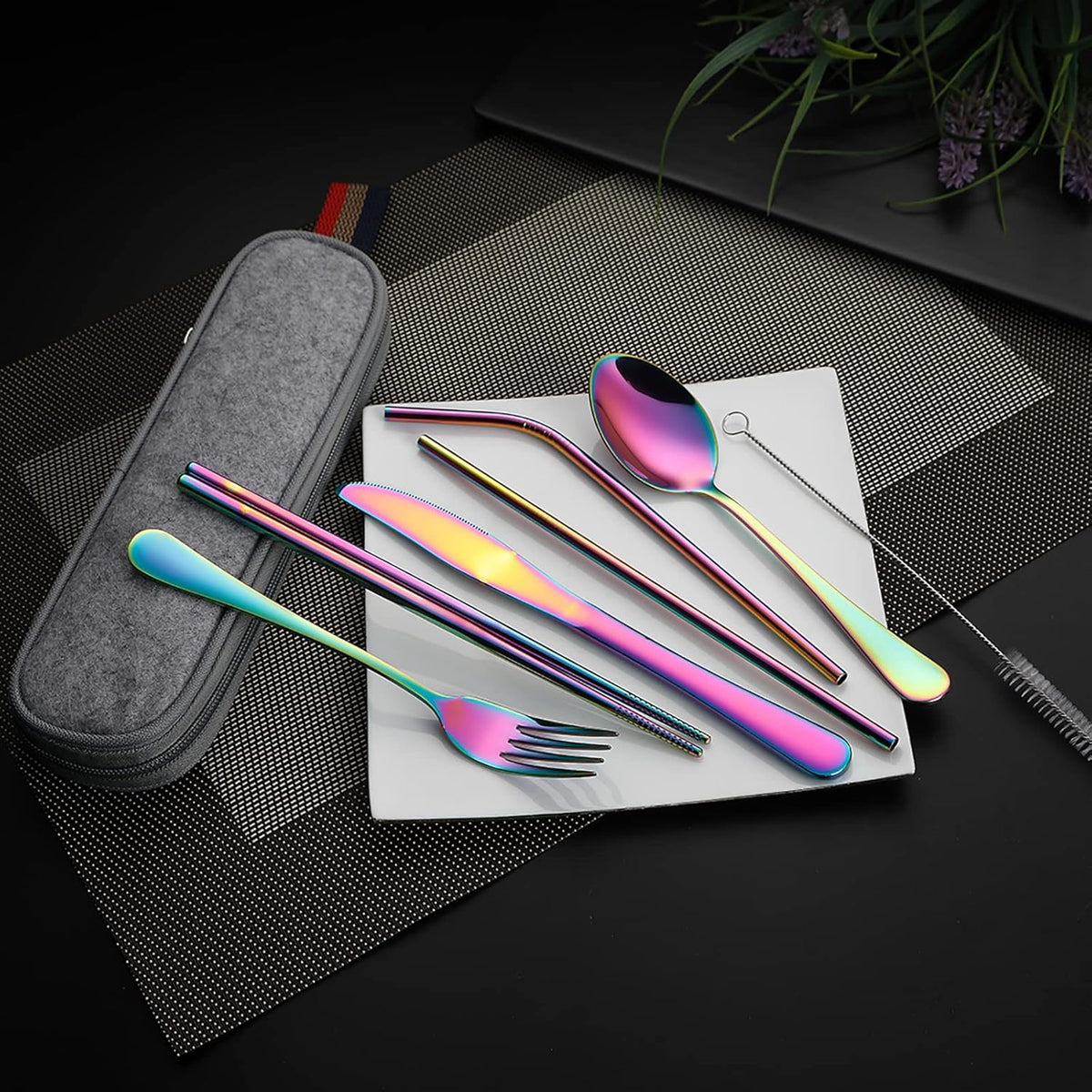Camping Utensils, Full-Size Travel Silverware Set with Case for Work | 8Pcs Stainless Steel Travel Cutlery Set, Portable Metal Straws Chopsticks Fork Spoon Knife Set for Lunch Box/School, Rainbow