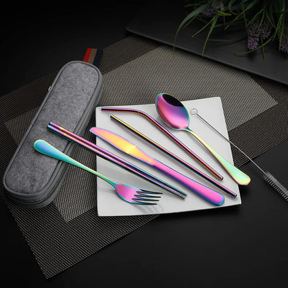 Camping Utensils, Full-Size Travel Silverware Set with Case for Work | 8Pcs Stainless Steel Travel Cutlery Set, Portable Metal Straws Chopsticks Fork Spoon Knife Set for Lunch Box/School, Rainbow