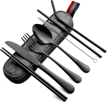 Camping Utensils, Full-Size Travel Silverware Set with Case for Work | 8Pcs Stainless Steel Travel Cutlery Set, Portable Metal Straws Chopsticks Fork Spoon Knife Set for Lunch Box/School, Rainbow