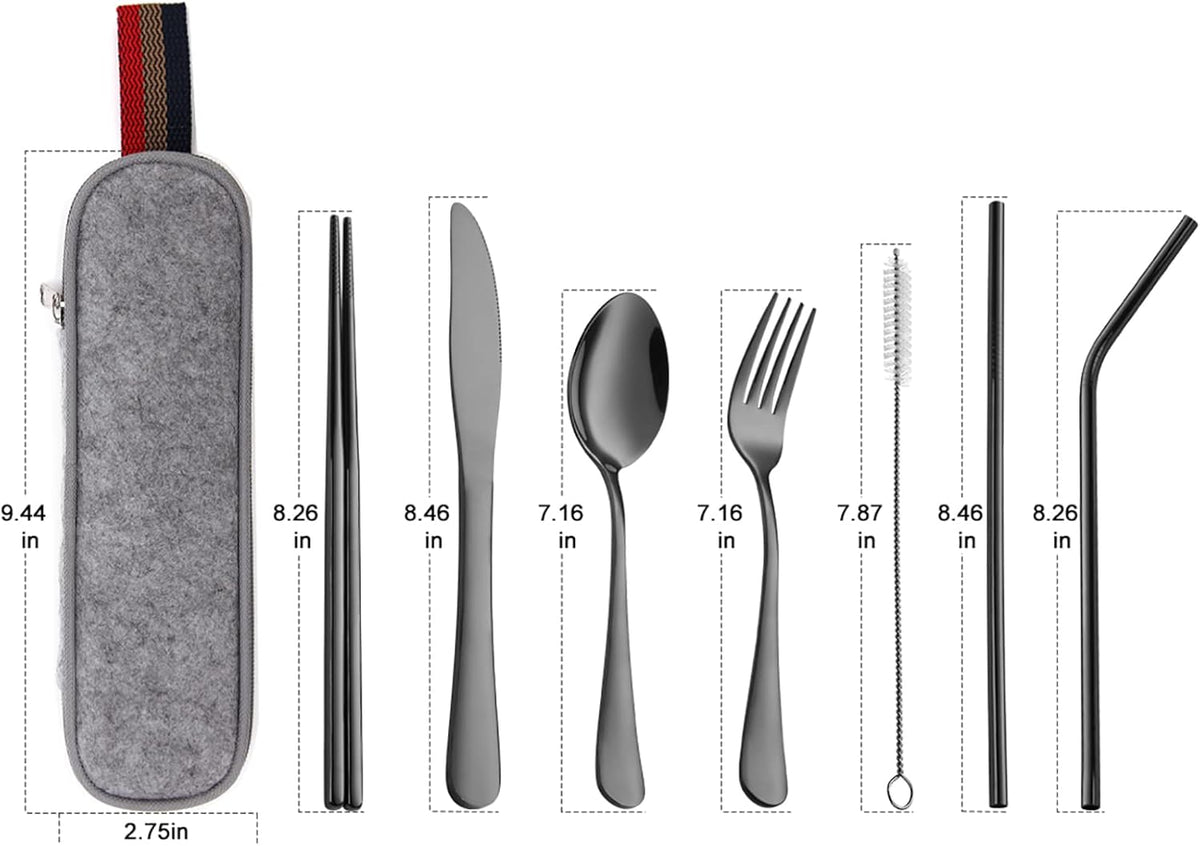 Camping Utensils, Full-Size Travel Silverware Set with Case for Work | 8Pcs Stainless Steel Travel Cutlery Set, Portable Metal Straws Chopsticks Fork Spoon Knife Set for Lunch Box/School, Rainbow