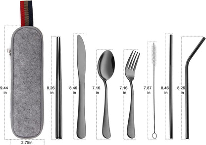 Camping Utensils, Full-Size Travel Silverware Set with Case for Work | 8Pcs Stainless Steel Travel Cutlery Set, Portable Metal Straws Chopsticks Fork Spoon Knife Set for Lunch Box/School, Rainbow
