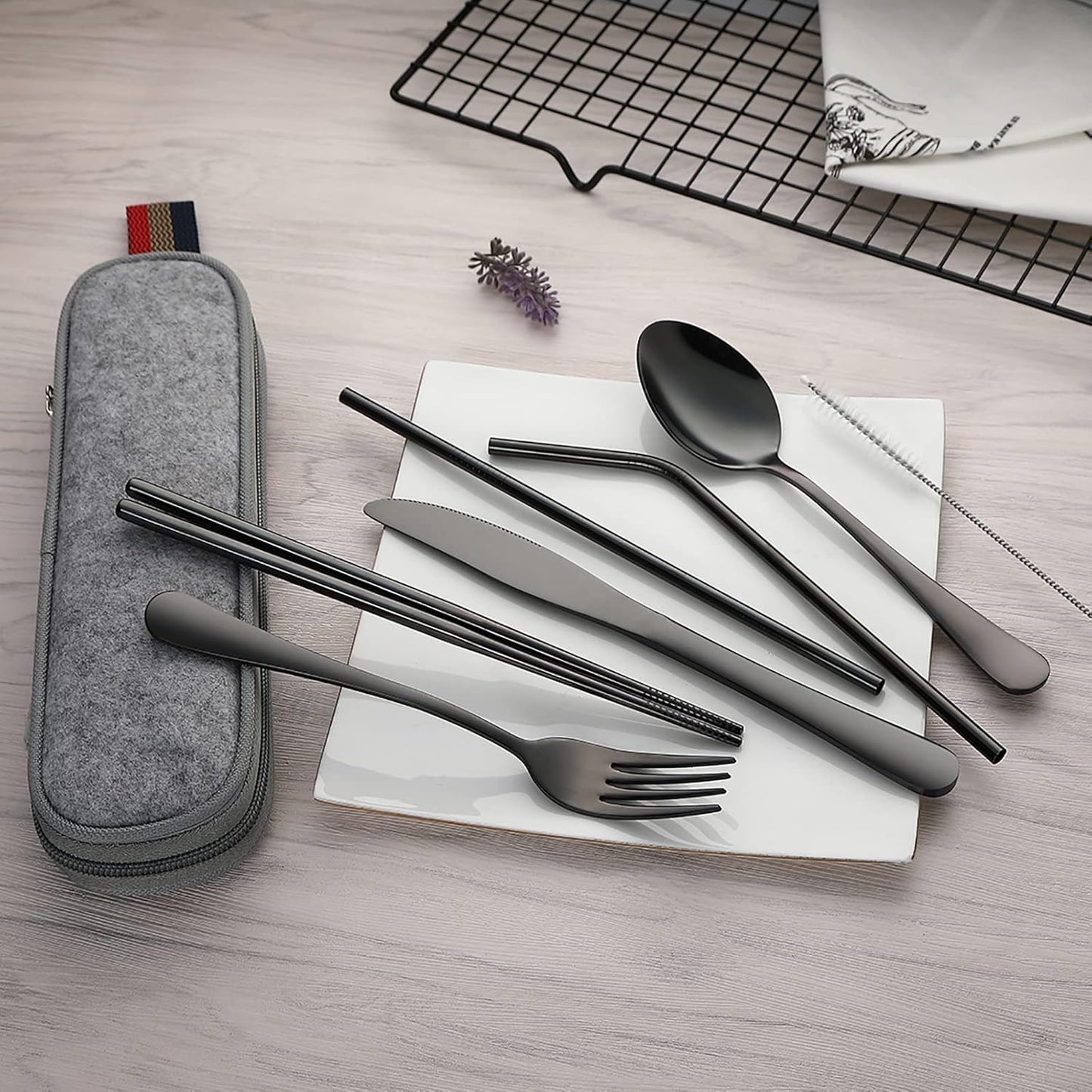 Camping Utensils, Full-Size Travel Silverware Set with Case for Work | 8Pcs Stainless Steel Travel Cutlery Set, Portable Metal Straws Chopsticks Fork Spoon Knife Set for Lunch Box/School, Rainbow