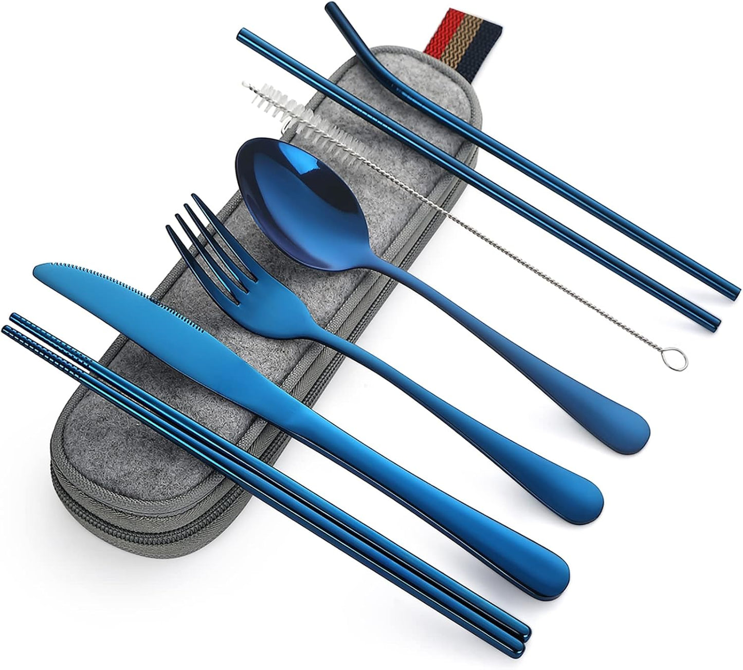 Camping Utensils, Full-Size Travel Silverware Set with Case for Work | 8Pcs Stainless Steel Travel Cutlery Set, Portable Metal Straws Chopsticks Fork Spoon Knife Set for Lunch Box/School, Rainbow