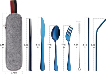 Camping Utensils, Full-Size Travel Silverware Set with Case for Work | 8Pcs Stainless Steel Travel Cutlery Set, Portable Metal Straws Chopsticks Fork Spoon Knife Set for Lunch Box/School, Rainbow