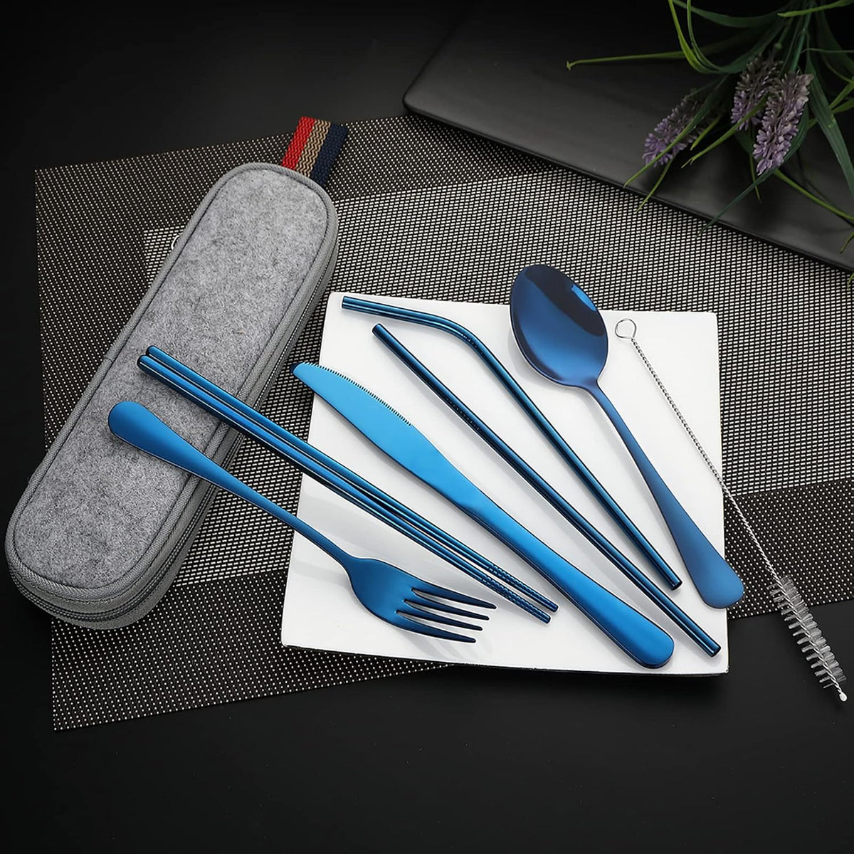 Camping Utensils, Full-Size Travel Silverware Set with Case for Work | 8Pcs Stainless Steel Travel Cutlery Set, Portable Metal Straws Chopsticks Fork Spoon Knife Set for Lunch Box/School, Rainbow