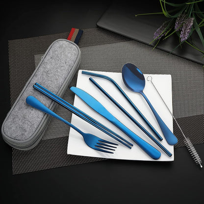 Camping Utensils, Full-Size Travel Silverware Set with Case for Work | 8Pcs Stainless Steel Travel Cutlery Set, Portable Metal Straws Chopsticks Fork Spoon Knife Set for Lunch Box/School, Rainbow