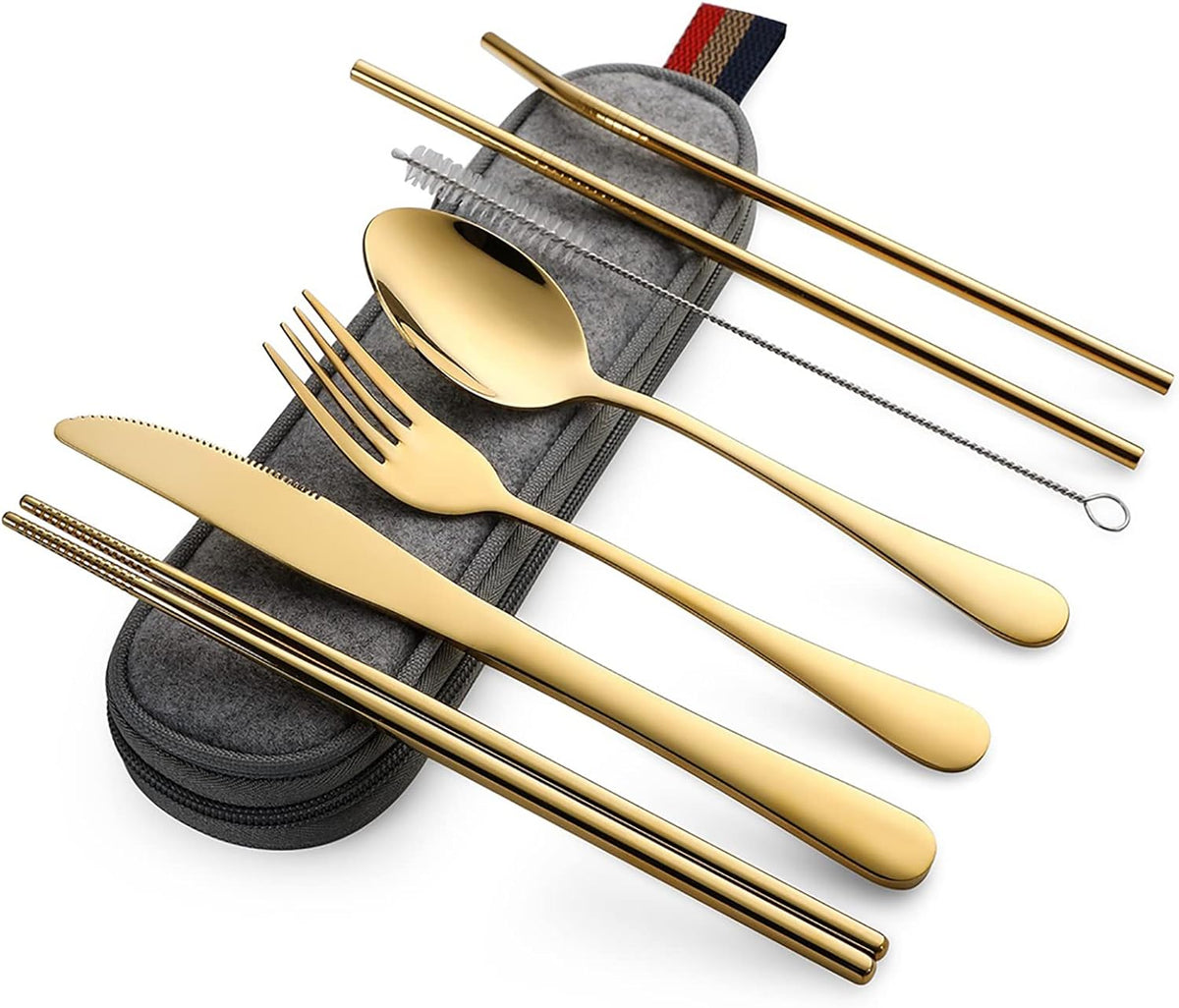 Camping Utensils, Full-Size Travel Silverware Set with Case for Work | 8Pcs Stainless Steel Travel Cutlery Set, Portable Metal Straws Chopsticks Fork Spoon Knife Set for Lunch Box/School, Rainbow