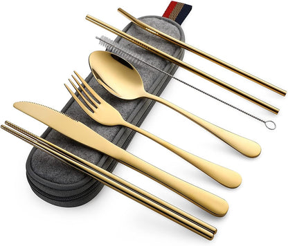 Camping Utensils, Full-Size Travel Silverware Set with Case for Work | 8Pcs Stainless Steel Travel Cutlery Set, Portable Metal Straws Chopsticks Fork Spoon Knife Set for Lunch Box/School, Rainbow