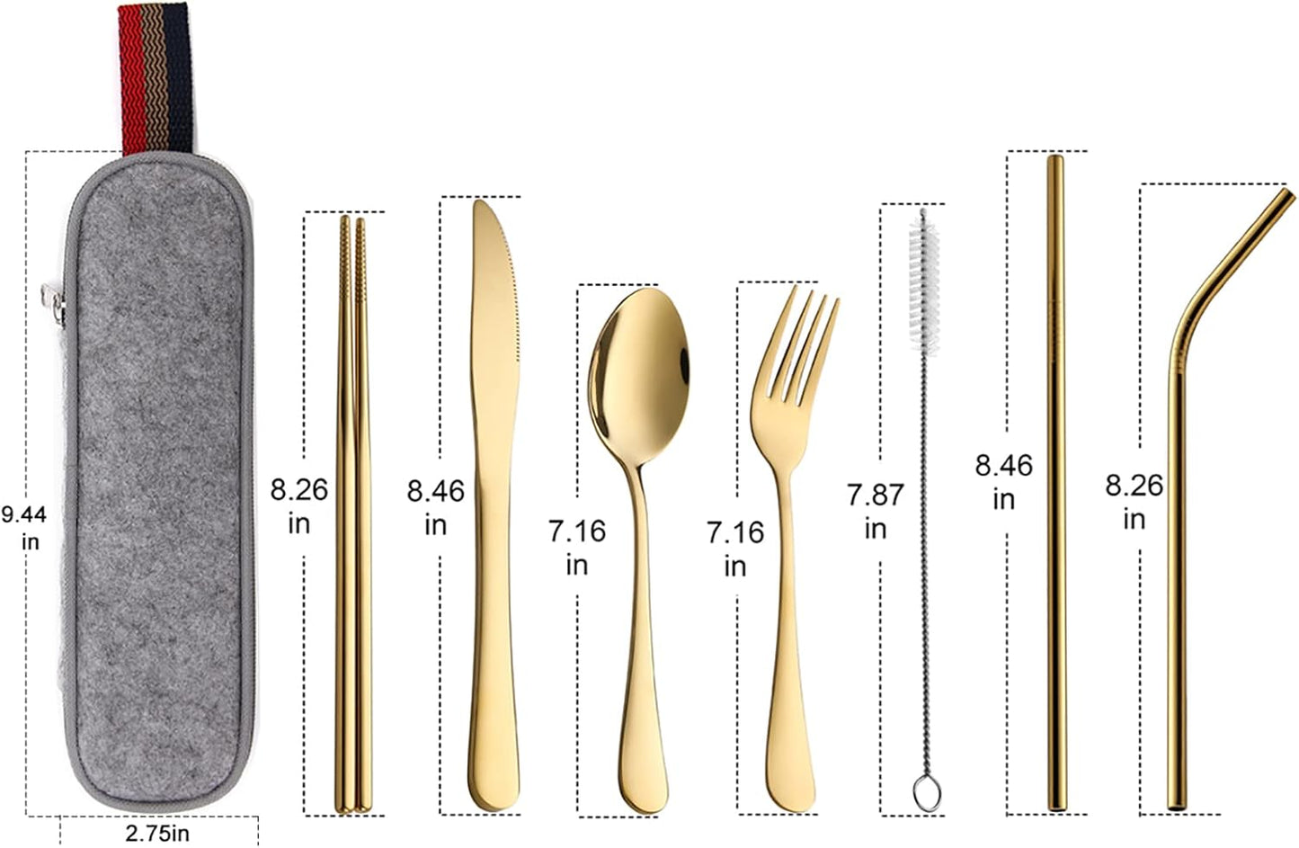 Camping Utensils, Full-Size Travel Silverware Set with Case for Work | 8Pcs Stainless Steel Travel Cutlery Set, Portable Metal Straws Chopsticks Fork Spoon Knife Set for Lunch Box/School, Rainbow