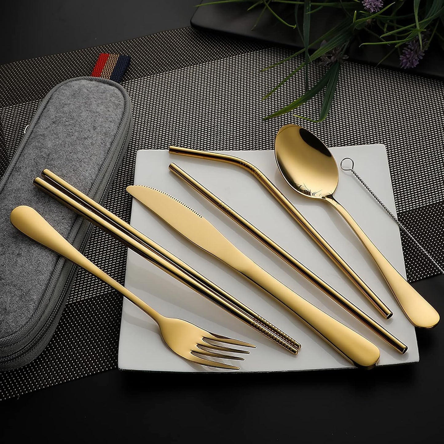 Camping Utensils, Full-Size Travel Silverware Set with Case for Work | 8Pcs Stainless Steel Travel Cutlery Set, Portable Metal Straws Chopsticks Fork Spoon Knife Set for Lunch Box/School, Rainbow