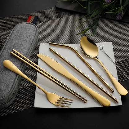 Camping Utensils, Full-Size Travel Silverware Set with Case for Work | 8Pcs Stainless Steel Travel Cutlery Set, Portable Metal Straws Chopsticks Fork Spoon Knife Set for Lunch Box/School, Rainbow