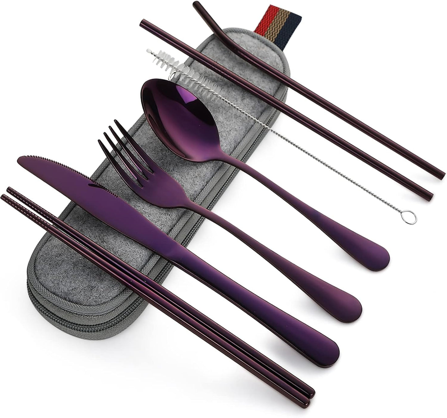 Camping Utensils, Full-Size Travel Silverware Set with Case for Work | 8Pcs Stainless Steel Travel Cutlery Set, Portable Metal Straws Chopsticks Fork Spoon Knife Set for Lunch Box/School, Rainbow