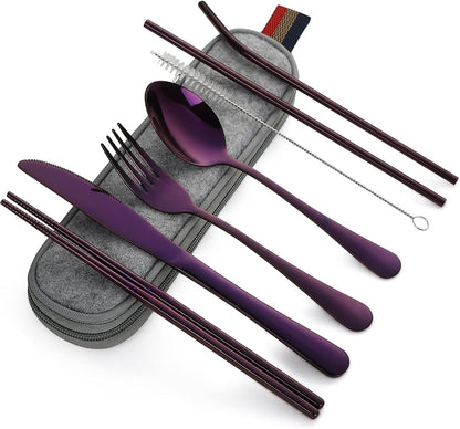 Camping Utensils, Full-Size Travel Silverware Set with Case for Work | 8Pcs Stainless Steel Travel Cutlery Set, Portable Metal Straws Chopsticks Fork Spoon Knife Set for Lunch Box/School, Rainbow
