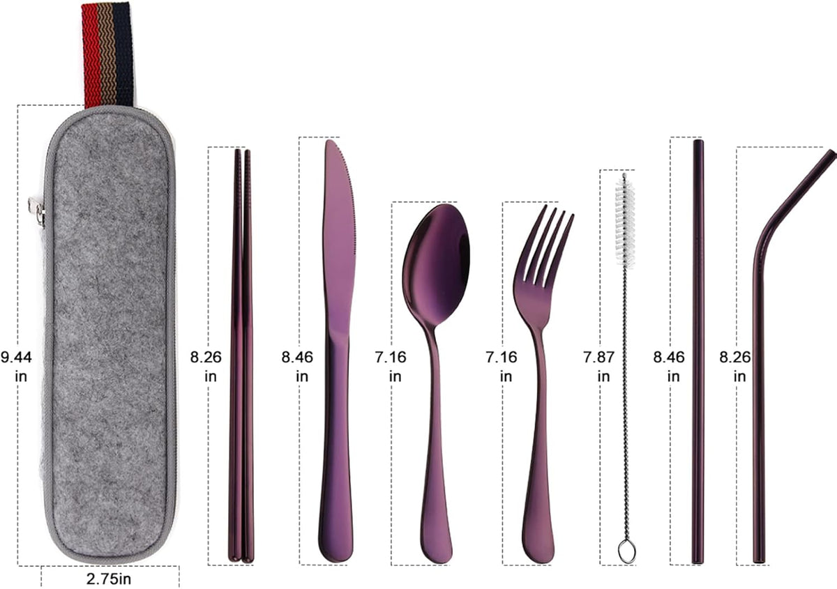 Camping Utensils, Full-Size Travel Silverware Set with Case for Work | 8Pcs Stainless Steel Travel Cutlery Set, Portable Metal Straws Chopsticks Fork Spoon Knife Set for Lunch Box/School, Rainbow
