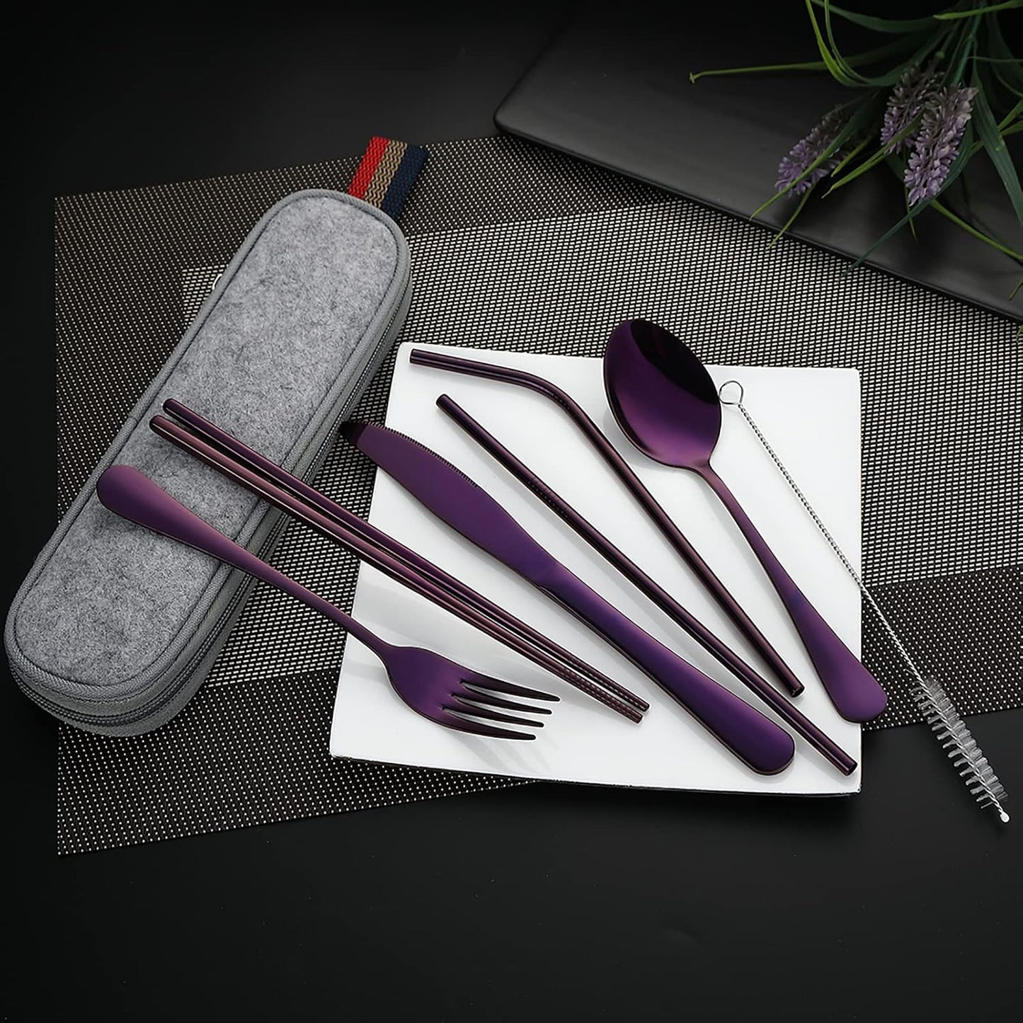 Camping Utensils, Full-Size Travel Silverware Set with Case for Work | 8Pcs Stainless Steel Travel Cutlery Set, Portable Metal Straws Chopsticks Fork Spoon Knife Set for Lunch Box/School, Rainbow