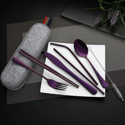 Camping Utensils, Full-Size Travel Silverware Set with Case for Work | 8Pcs Stainless Steel Travel Cutlery Set, Portable Metal Straws Chopsticks Fork Spoon Knife Set for Lunch Box/School, Rainbow