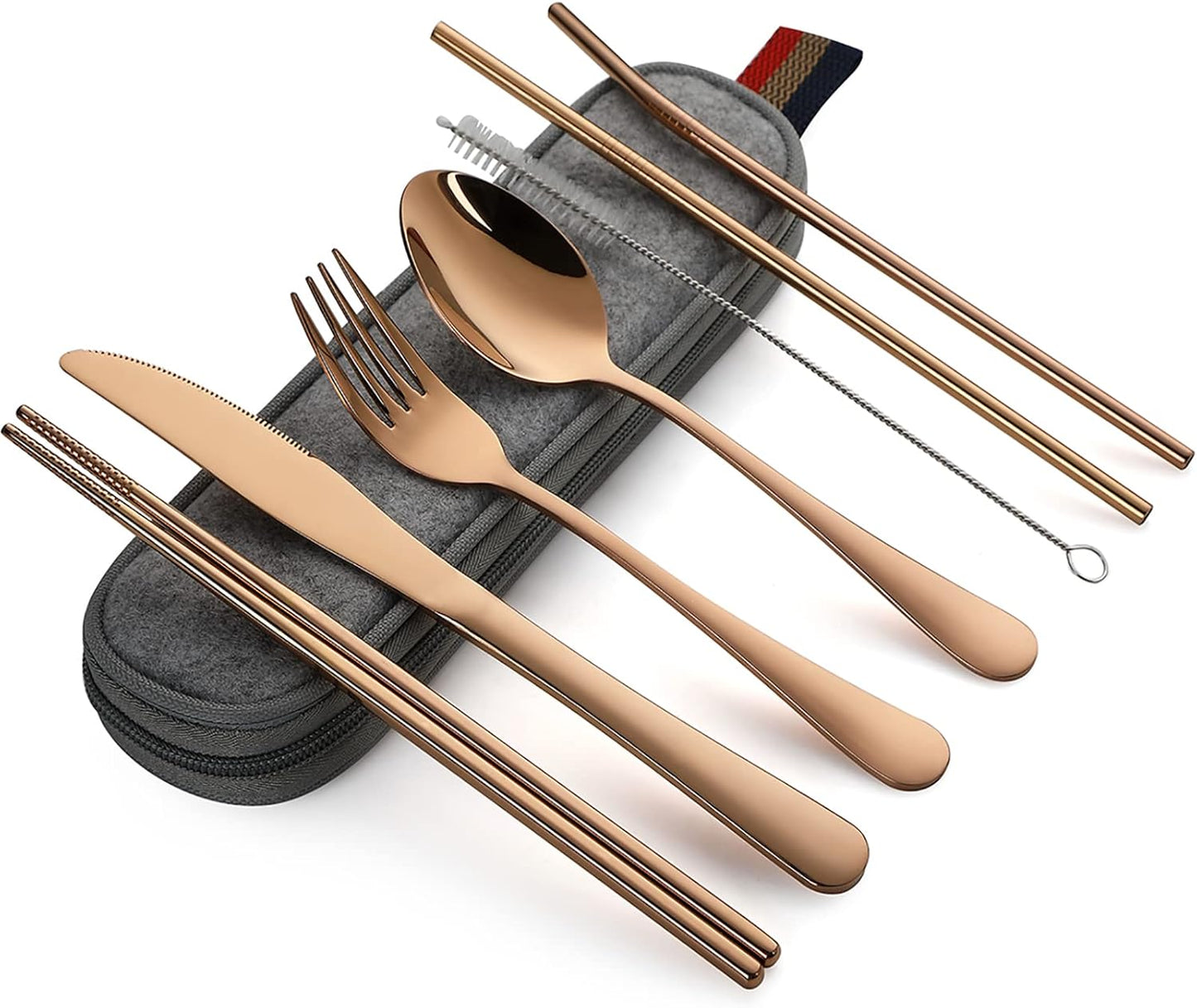 Camping Utensils, Full-Size Travel Silverware Set with Case for Work | 8Pcs Stainless Steel Travel Cutlery Set, Portable Metal Straws Chopsticks Fork Spoon Knife Set for Lunch Box/School, Rainbow