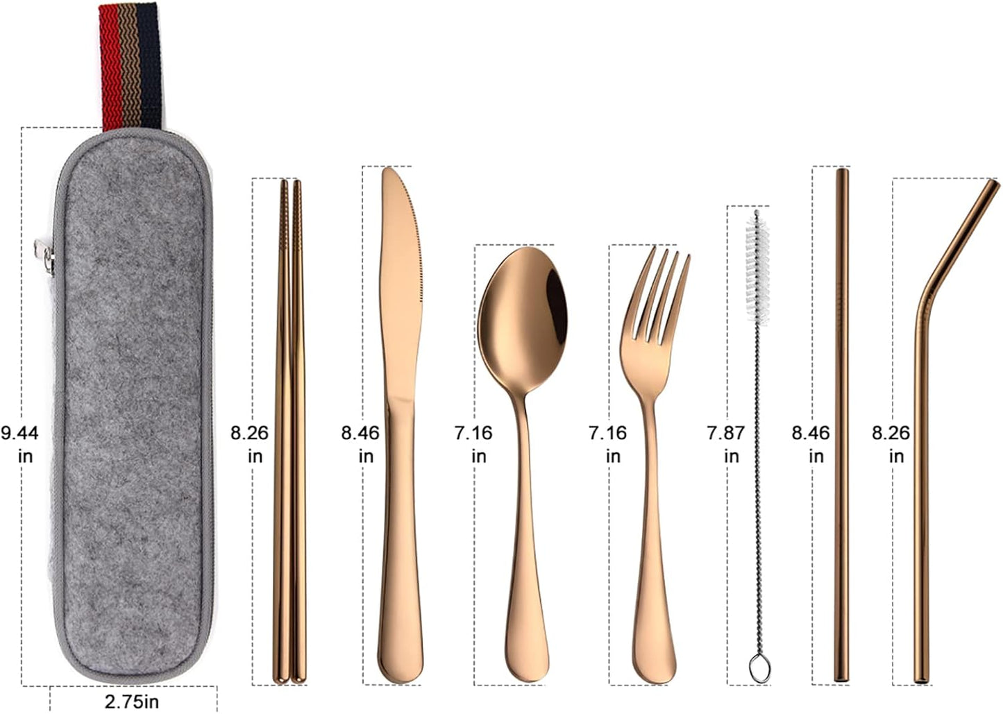 Camping Utensils, Full-Size Travel Silverware Set with Case for Work | 8Pcs Stainless Steel Travel Cutlery Set, Portable Metal Straws Chopsticks Fork Spoon Knife Set for Lunch Box/School, Rainbow