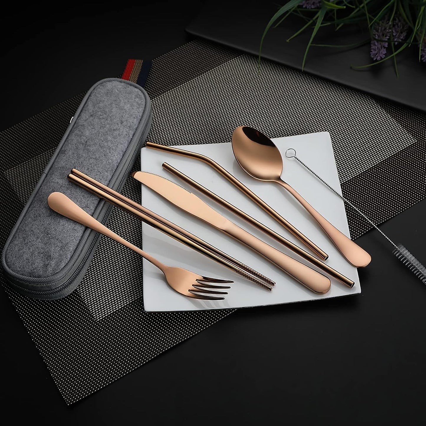 Camping Utensils, Full-Size Travel Silverware Set with Case for Work | 8Pcs Stainless Steel Travel Cutlery Set, Portable Metal Straws Chopsticks Fork Spoon Knife Set for Lunch Box/School, Rainbow