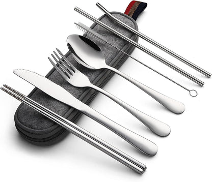 Camping Utensils, Full-Size Travel Silverware Set with Case for Work | 8Pcs Stainless Steel Travel Cutlery Set, Portable Metal Straws Chopsticks Fork Spoon Knife Set for Lunch Box/School, Rainbow