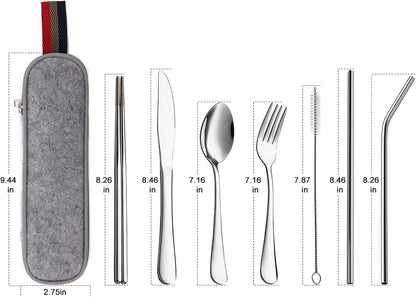 Camping Utensils, Full-Size Travel Silverware Set with Case for Work | 8Pcs Stainless Steel Travel Cutlery Set, Portable Metal Straws Chopsticks Fork Spoon Knife Set for Lunch Box/School, Rainbow