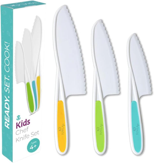 Tovla Jr Kid Safe Knife Gift Set for Real Cooking | Toddler Kitchen Knives | Montessori STEM Cooking Tools | Kids Chef Knives and Utensils | BPA Free Dishwasher Safe | Birthday Gift Ages 4 to 12