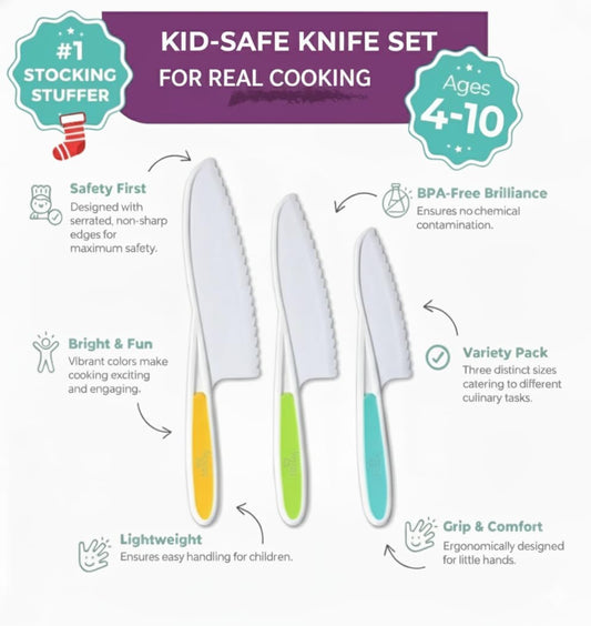 Tovla Jr Kid Safe Knife Gift Set for Real Cooking | Toddler Kitchen Knives | Montessori STEM Cooking Tools | Kids Chef Knives and Utensils | BPA Free Dishwasher Safe | Birthday Gift Ages 4 to 12