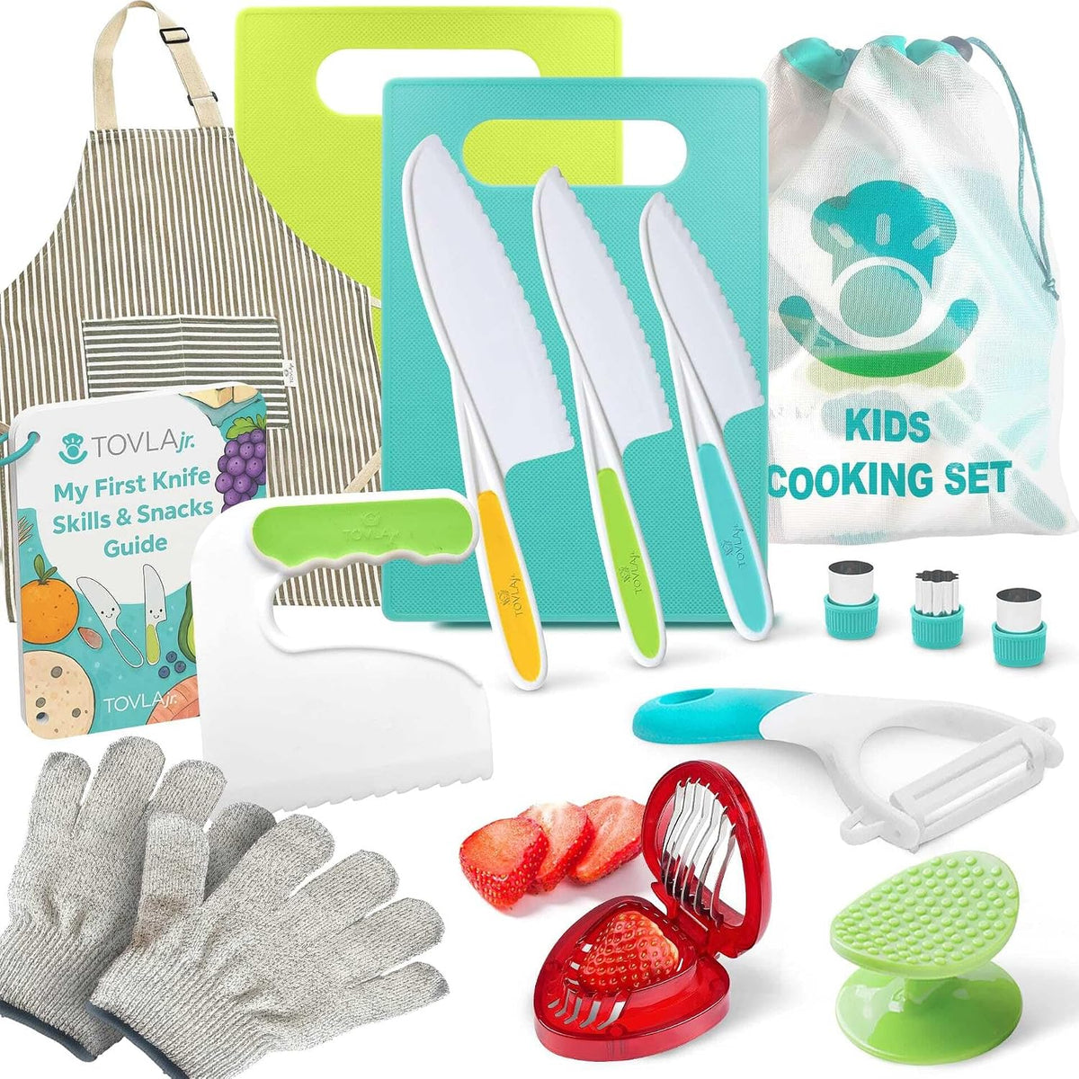 Tovla Jr Kid Safe Knife Gift Set for Real Cooking | Toddler Kitchen Knives | Montessori STEM Cooking Tools | Kids Chef Knives and Utensils | BPA Free Dishwasher Safe | Birthday Gift Ages 4 to 12