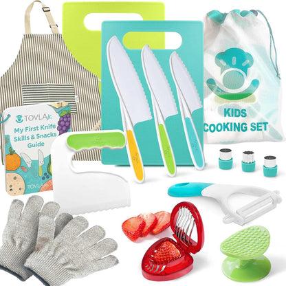 Tovla Jr Kid Safe Knife Gift Set for Real Cooking | Toddler Kitchen Knives | Montessori STEM Cooking Tools | Kids Chef Knives and Utensils | BPA Free Dishwasher Safe | Birthday Gift Ages 4 to 12