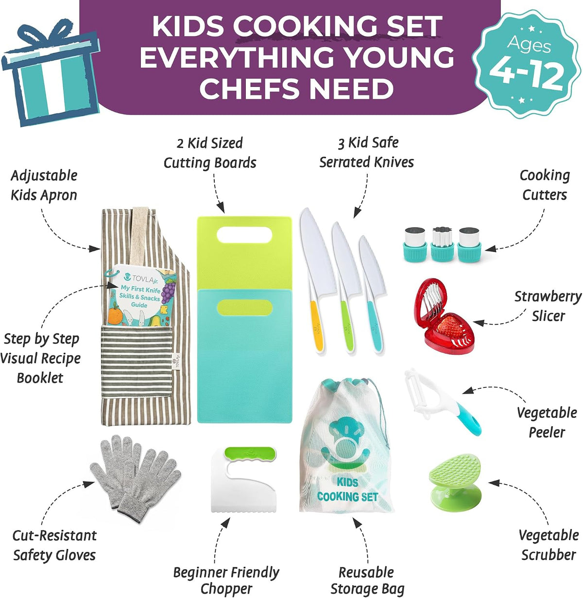 Tovla Jr Kid Safe Knife Gift Set for Real Cooking | Toddler Kitchen Knives | Montessori STEM Cooking Tools | Kids Chef Knives and Utensils | BPA Free Dishwasher Safe | Birthday Gift Ages 4 to 12