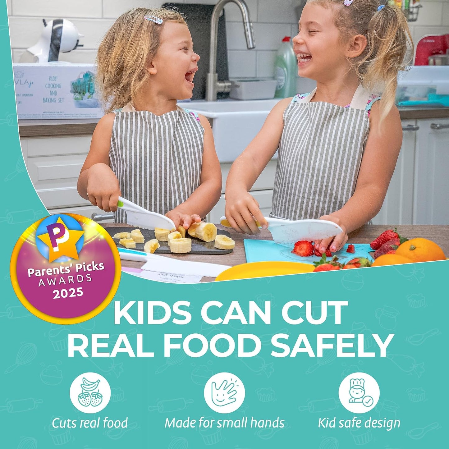 Tovla Jr Kid Safe Knife Gift Set for Real Cooking | Toddler Kitchen Knives | Montessori STEM Cooking Tools | Kids Chef Knives and Utensils | BPA Free Dishwasher Safe | Birthday Gift Ages 4 to 12