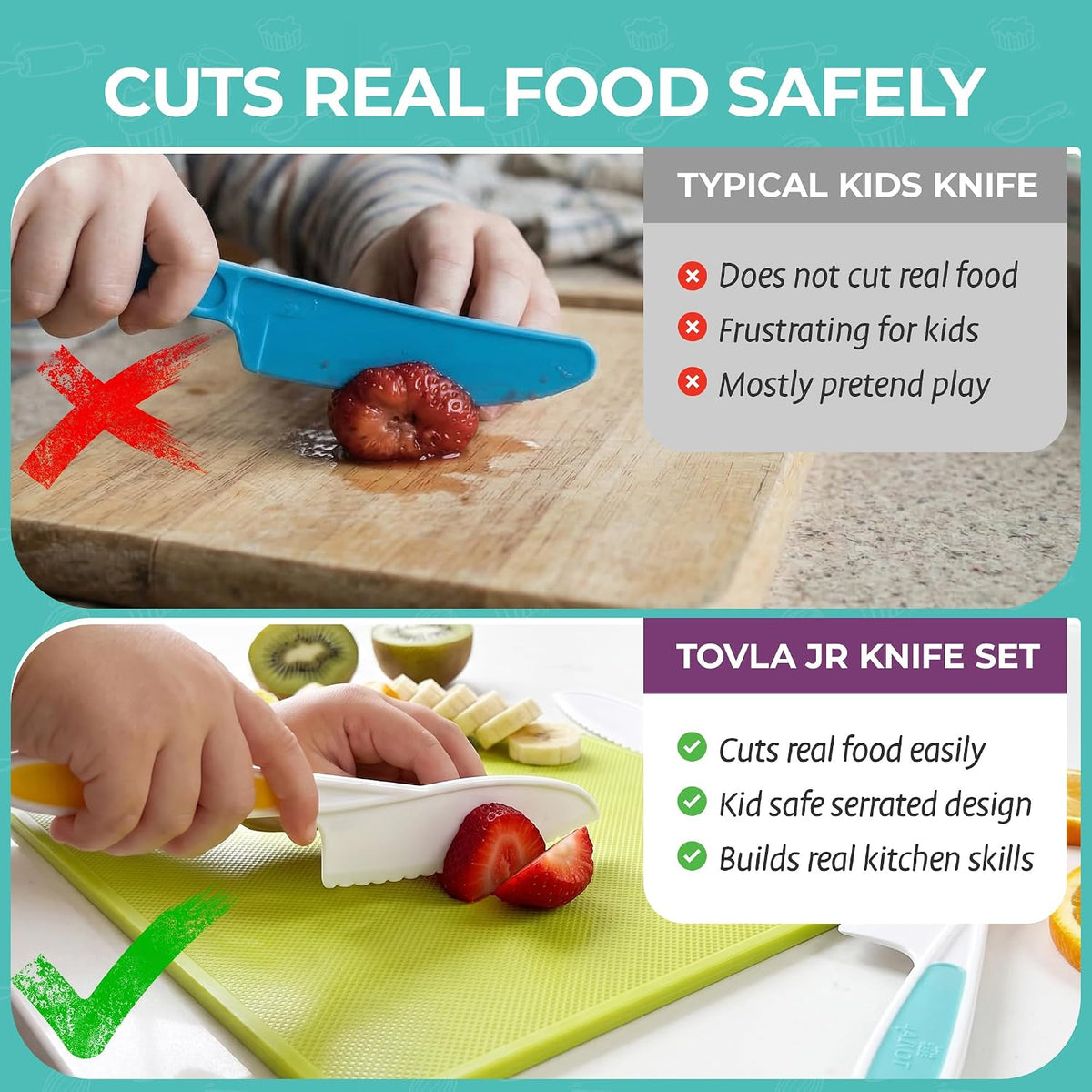 Tovla Jr Kid Safe Knife Gift Set for Real Cooking | Toddler Kitchen Knives | Montessori STEM Cooking Tools | Kids Chef Knives and Utensils | BPA Free Dishwasher Safe | Birthday Gift Ages 4 to 12
