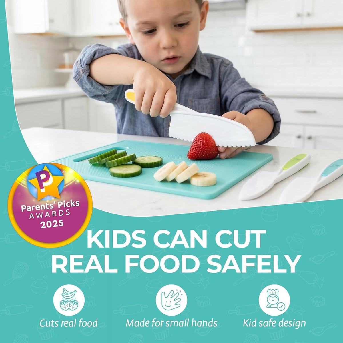 Tovla Jr Kid Safe Knife Gift Set for Real Cooking | Toddler Kitchen Knives | Montessori STEM Cooking Tools | Kids Chef Knives and Utensils | BPA Free Dishwasher Safe | Birthday Gift Ages 4 to 12
