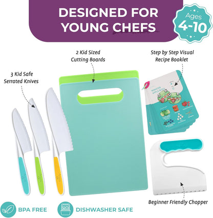Tovla Jr Kid Safe Knife Gift Set for Real Cooking | Toddler Kitchen Knives | Montessori STEM Cooking Tools | Kids Chef Knives and Utensils | BPA Free Dishwasher Safe | Birthday Gift Ages 4 to 12