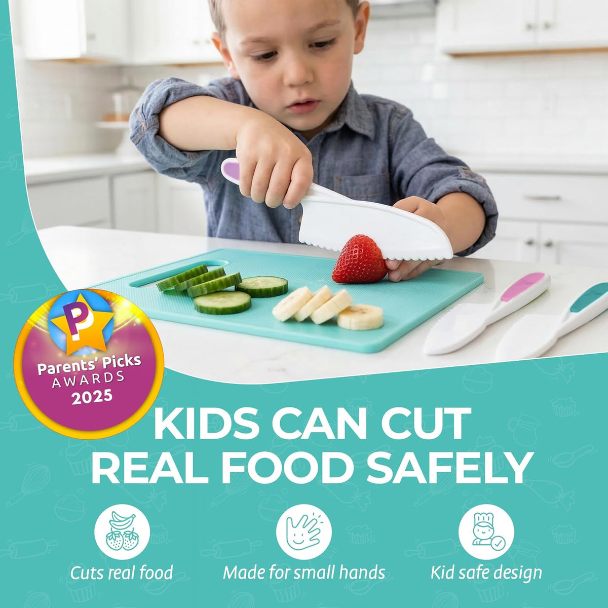 Tovla Jr Kid Safe Knife Gift Set for Real Cooking | Toddler Kitchen Knives | Montessori STEM Cooking Tools | Kids Chef Knives and Utensils | BPA Free Dishwasher Safe | Birthday Gift Ages 4 to 12
