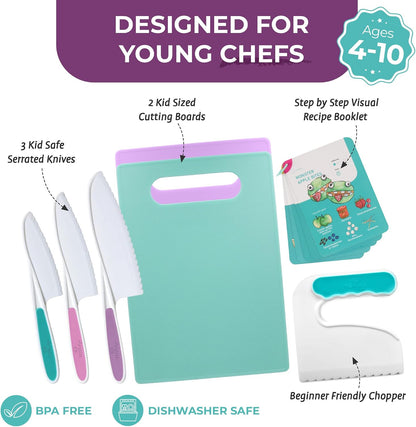 Tovla Jr Kid Safe Knife Gift Set for Real Cooking | Toddler Kitchen Knives | Montessori STEM Cooking Tools | Kids Chef Knives and Utensils | BPA Free Dishwasher Safe | Birthday Gift Ages 4 to 12