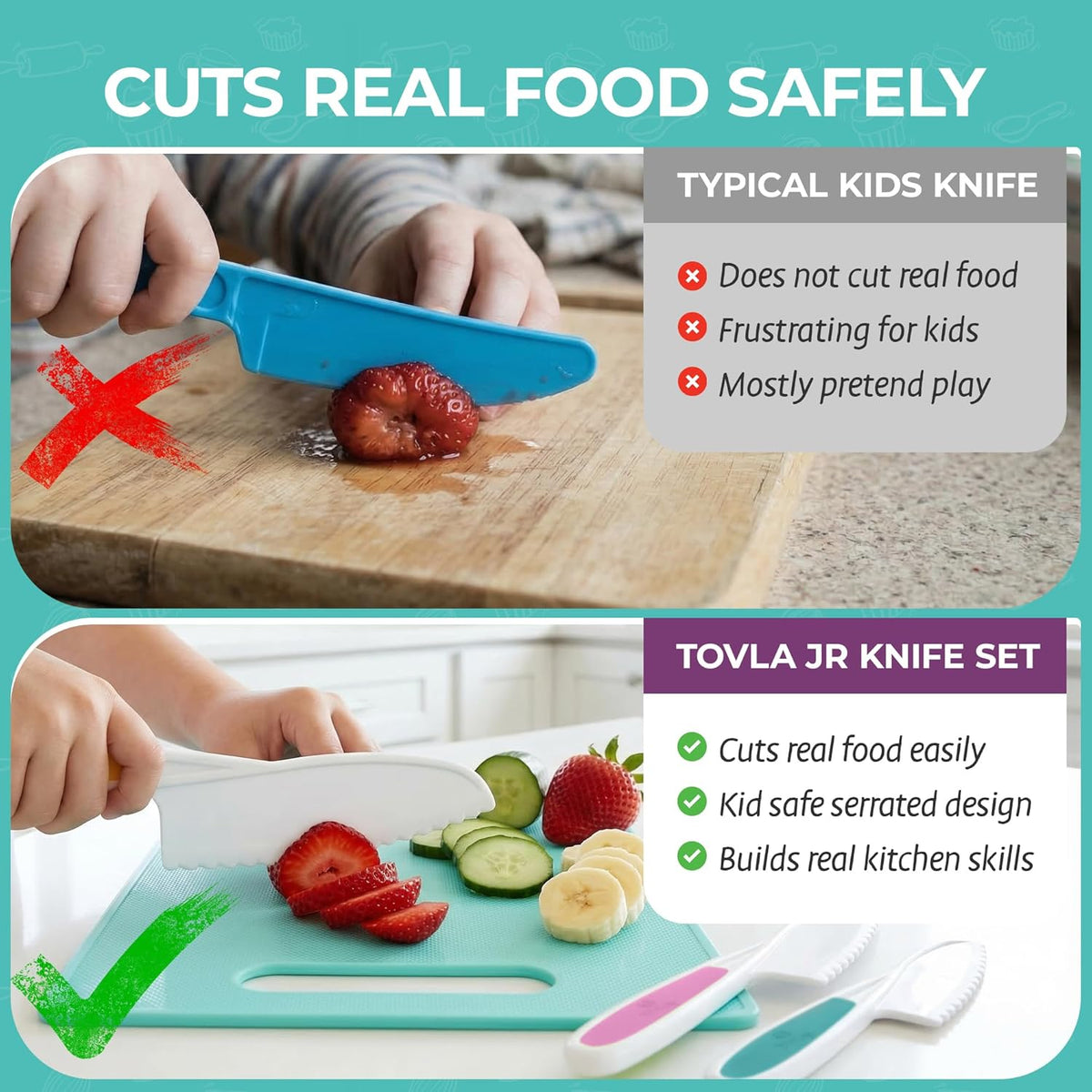 Tovla Jr Kid Safe Knife Gift Set for Real Cooking | Toddler Kitchen Knives | Montessori STEM Cooking Tools | Kids Chef Knives and Utensils | BPA Free Dishwasher Safe | Birthday Gift Ages 4 to 12