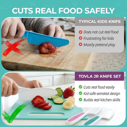 Tovla Jr Kid Safe Knife Gift Set for Real Cooking | Toddler Kitchen Knives | Montessori STEM Cooking Tools | Kids Chef Knives and Utensils | BPA Free Dishwasher Safe | Birthday Gift Ages 4 to 12