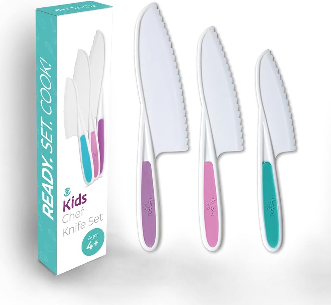 Tovla Jr Kid Safe Knife Gift Set for Real Cooking | Toddler Kitchen Knives | Montessori STEM Cooking Tools | Kids Chef Knives and Utensils | BPA Free Dishwasher Safe | Birthday Gift Ages 4 to 12