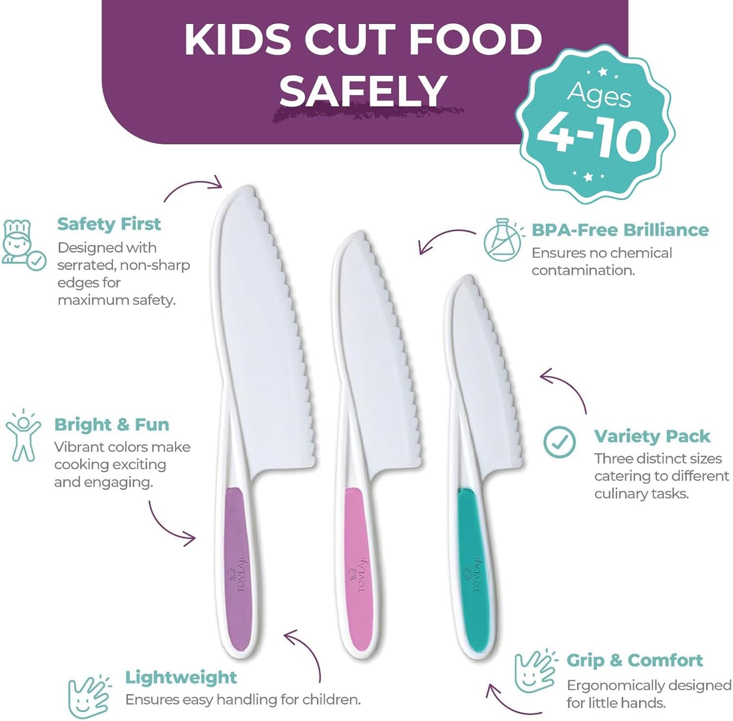Tovla Jr Kid Safe Knife Gift Set for Real Cooking | Toddler Kitchen Knives | Montessori STEM Cooking Tools | Kids Chef Knives and Utensils | BPA Free Dishwasher Safe | Birthday Gift Ages 4 to 12