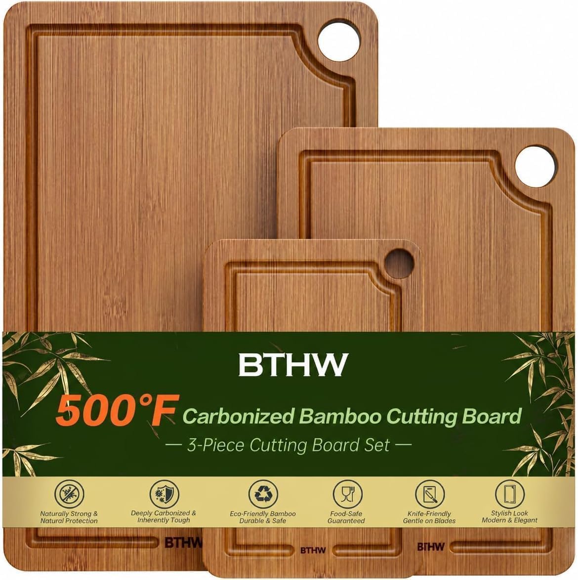 Bamboo Cutting Board for Kitchen – 3-Piece Wooden Boards with Juice Grooves, Side Handles, Non-Slip Mats – Perfect for Meat, Veggies, Fruit – Ideal Kitchen Gift