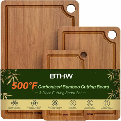 Bamboo Cutting Board for Kitchen – 3-Piece Wooden Boards with Juice Grooves, Side Handles, Non-Slip Mats – Perfect for Meat, Veggies, Fruit – Ideal Kitchen Gift