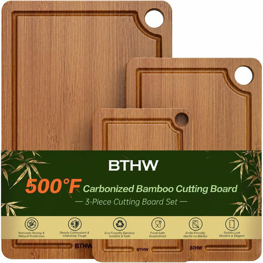 Bamboo Cutting Board for Kitchen – 3-Piece Wooden Boards with Juice Grooves, Side Handles, Non-Slip Mats – Perfect for Meat, Veggies, Fruit – Ideal Kitchen Gift
